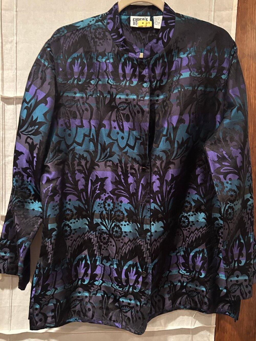 Chico's 100% Silk Turquoise / Black / Purple Embossed Jacket / Blazer